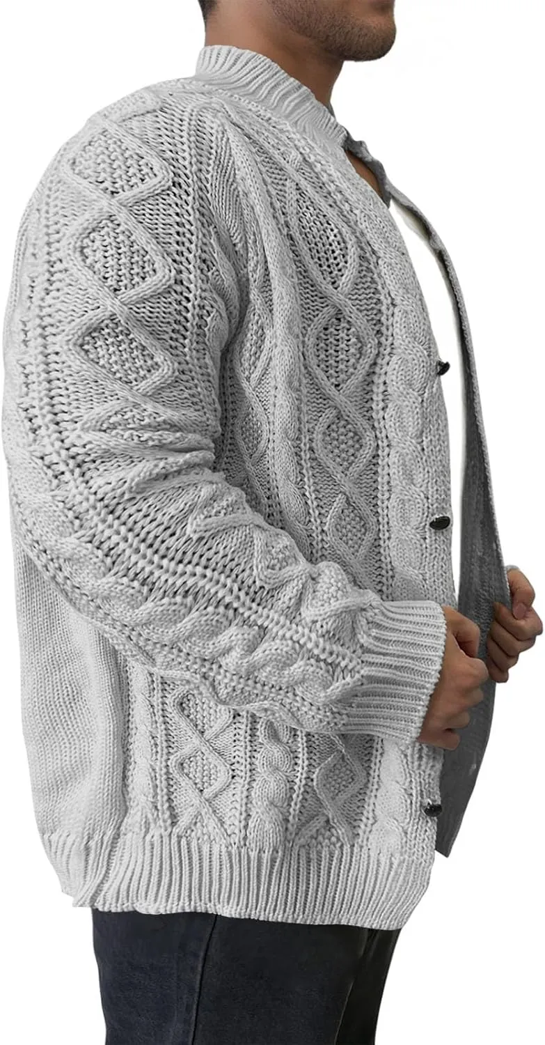 Cable Knit Cardigan for Men Casual Chunky Sweater Coat Long Sleeve Fall Winter Knitted Button Down Sweaters Jacket
