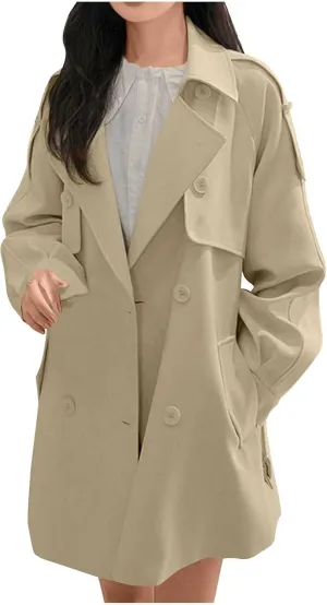Coats for Women Trendy Double Breasted Mid-Long Peacoat Classic Elegant Notched Lapel Collar Trench Coat with Pocket