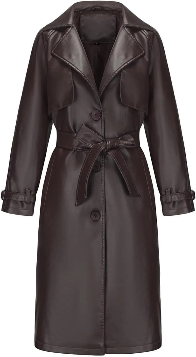 Coats for Women Trendy Leather Jacket Elegant Notched Lapel Single-Breasted PU Overcoat Fall Long Peacoat with Belt
