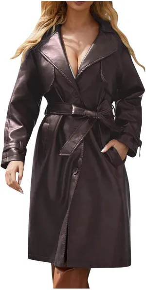 Coats for Women Trendy Leather Jacket Elegant Notched Lapel Single-Breasted PU Overcoat Fall Long Peacoat with Belt