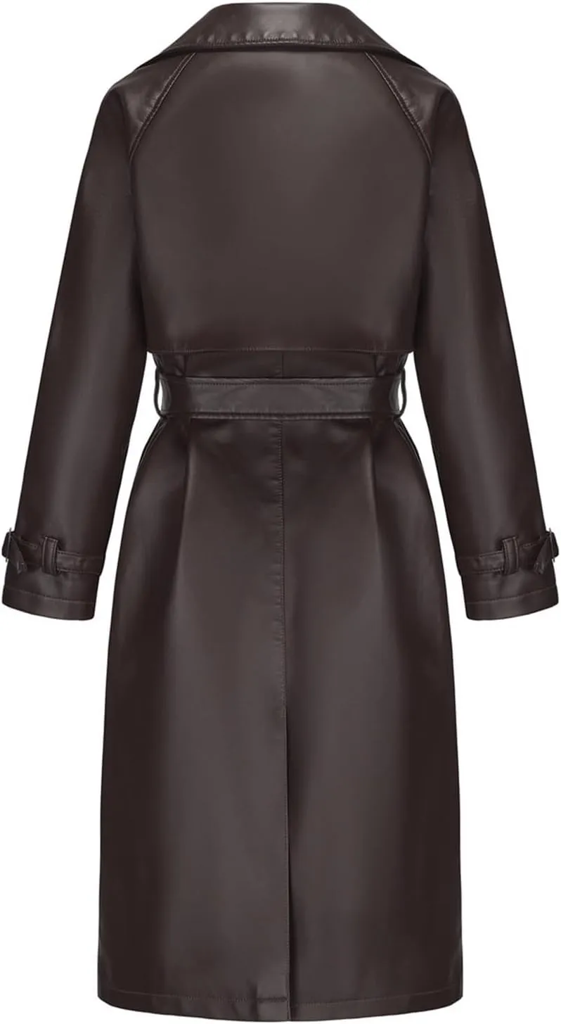 Coats for Women Trendy Leather Jacket Elegant Notched Lapel Single-Breasted PU Overcoat Fall Long Peacoat with Belt
