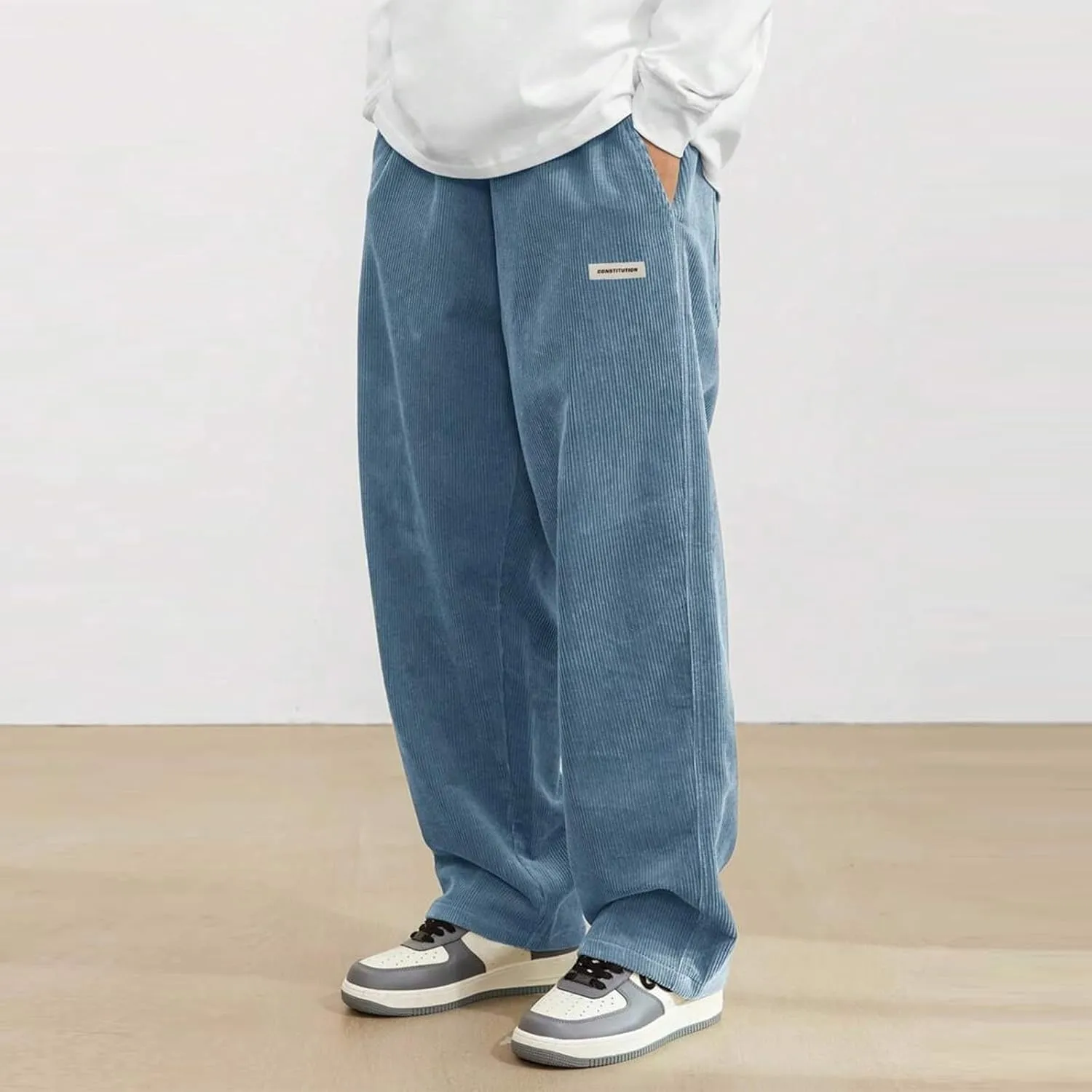 Corduroy Pants for Men Lounge Trendy Trousers Drawstring Slacks Wide Leg Fashion Streetwear