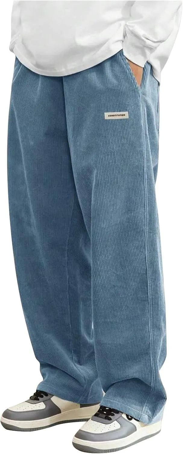 Corduroy Pants for Men Lounge Trendy Trousers Drawstring Slacks Wide Leg Fashion Streetwear