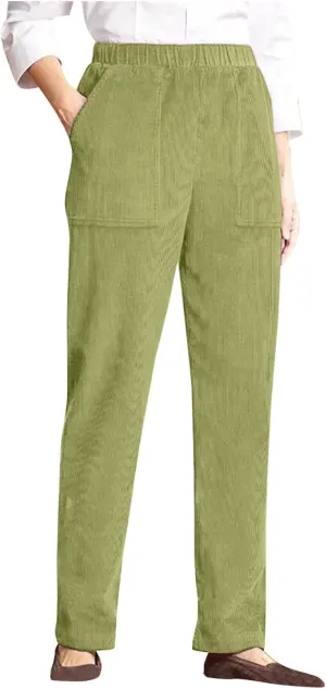 Corduroy Pants for Women Casual Elastic High Waist Straight Leg Pants Trendy Loose Comfy Trousers with Pockets