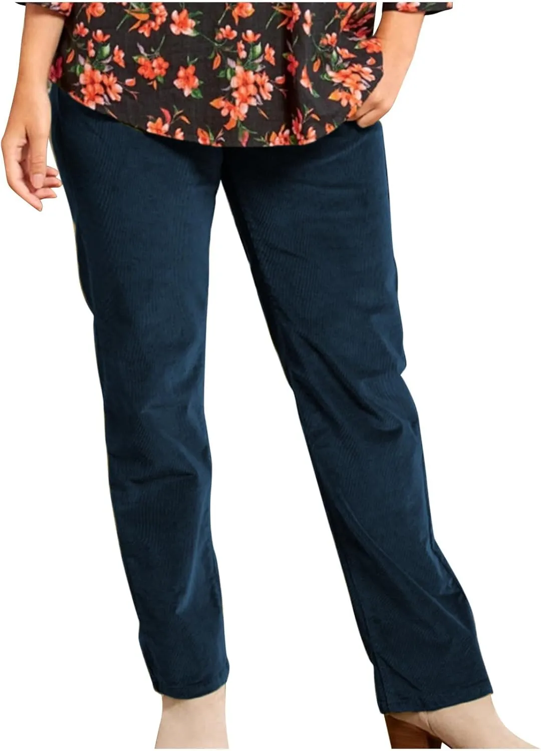 Corduroy Pants for Women Elastic High Waist Pull On Straight Leg Slacks Casual Spring Fall Trousers with Pockets