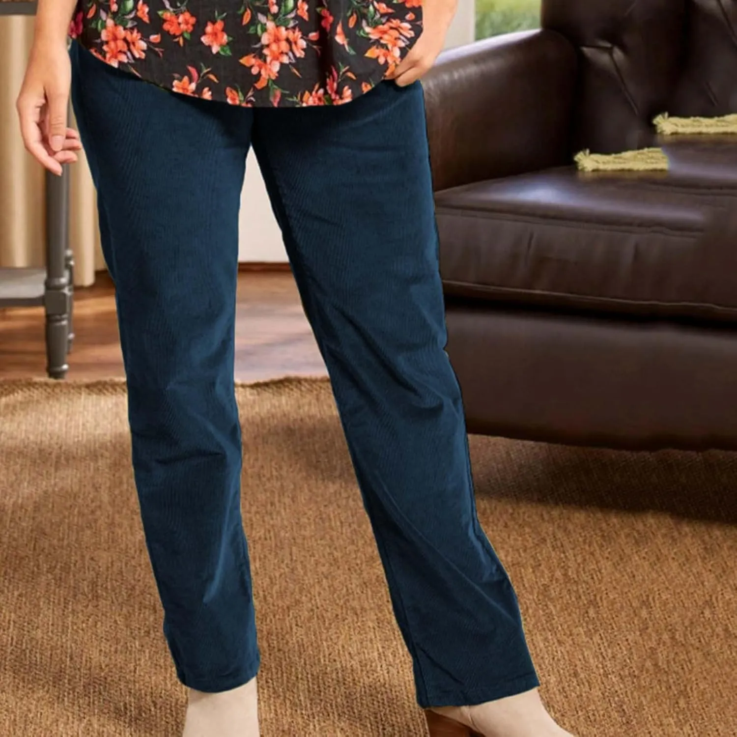 Corduroy Pants for Women Elastic High Waist Pull On Straight Leg Slacks Casual Spring Fall Trousers with Pockets
