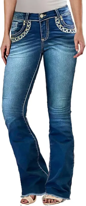 Flamingals Women's Butt Lifting Bootcut Jeans Mid Waist Straight Leg Stretchy Curvy Tummy Control Denim Jeans