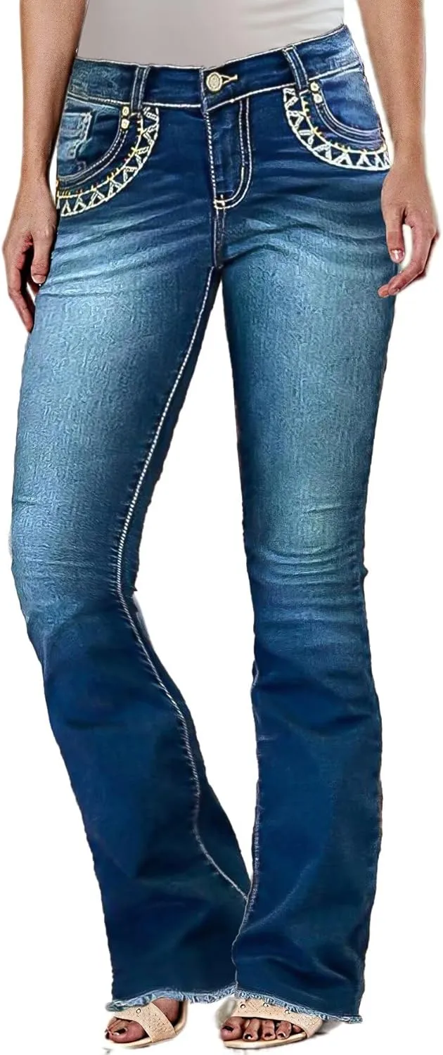 Flamingals Women's Butt Lifting Bootcut Jeans Mid Waist Straight Leg Stretchy Curvy Tummy Control Denim Jeans