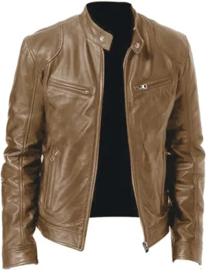GOFULY Leather Jacket Men Stylish Full Zip Stand Collar Jackets Faux Leather Motocycle Coats Stylish Outwear With Pockets