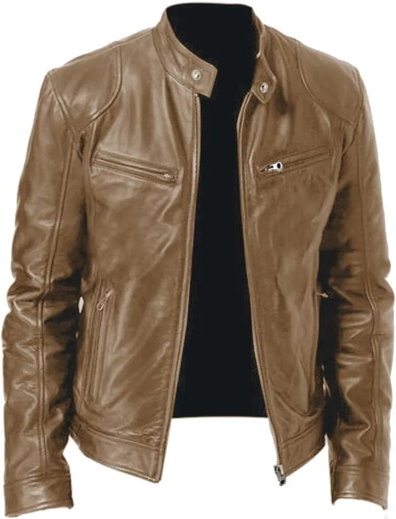 GOFULY Leather Jacket Men Stylish Full Zip Stand Collar Jackets Faux Leather Motocycle Coats Stylish Outwear With Pockets