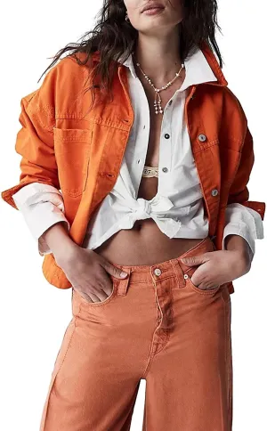 Jacket Women Button Up Cropped Denim Sweatshirt with Pockets Oversized Denim Jacket Lightweight Loose Fit Clothing