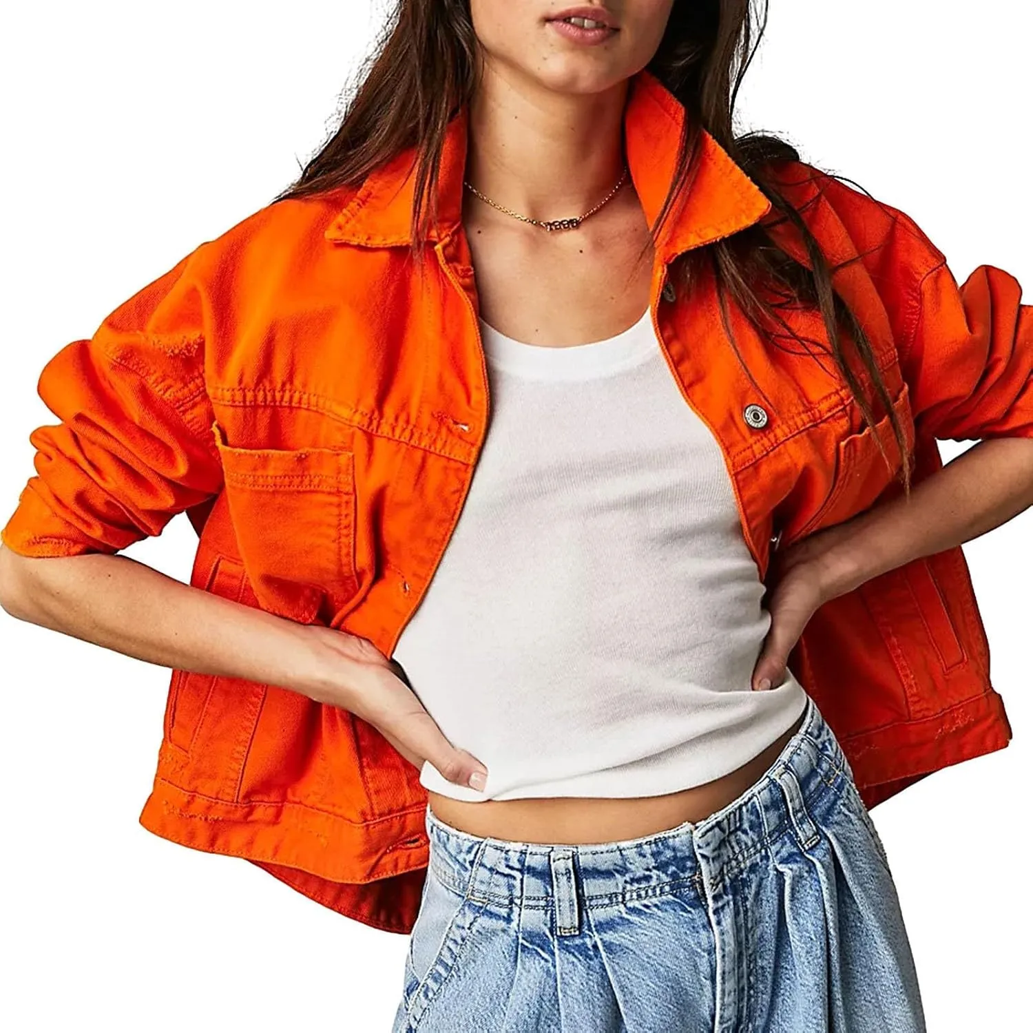 Jacket Women Button Up Cropped Denim Sweatshirt with Pockets Oversized Denim Jacket Lightweight Loose Fit Clothing