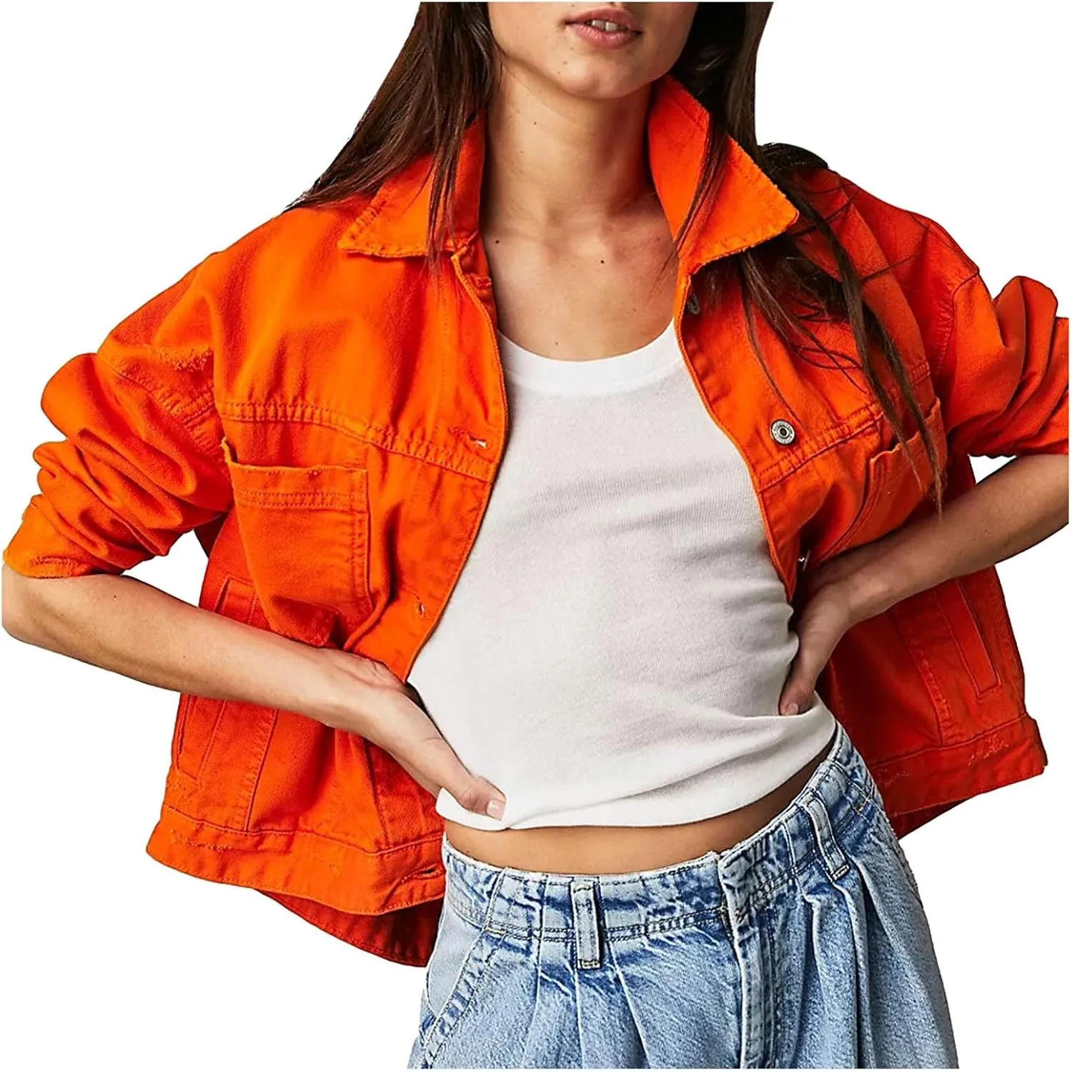 Jacket Women Button Up Cropped Denim Sweatshirt with Pockets Oversized Denim Jacket Lightweight Loose Fit Clothing