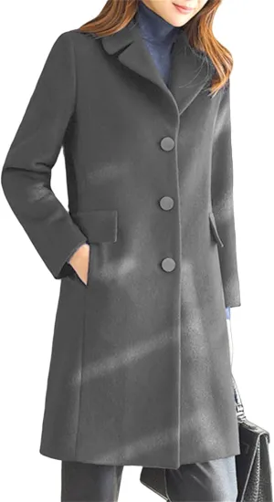 Kubbon Women's Wool Blend Coat Notched Lapel Single Breasted Long Trench Coat Elegant Long Sleeve Mid Length Business Outwear