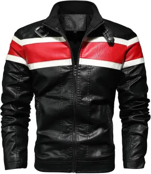 Leather Jacket Men Color Block Motorcycle Jacket Waterproof Biker Jacket Zip up PU Leather Moto Jacket Winter Coat