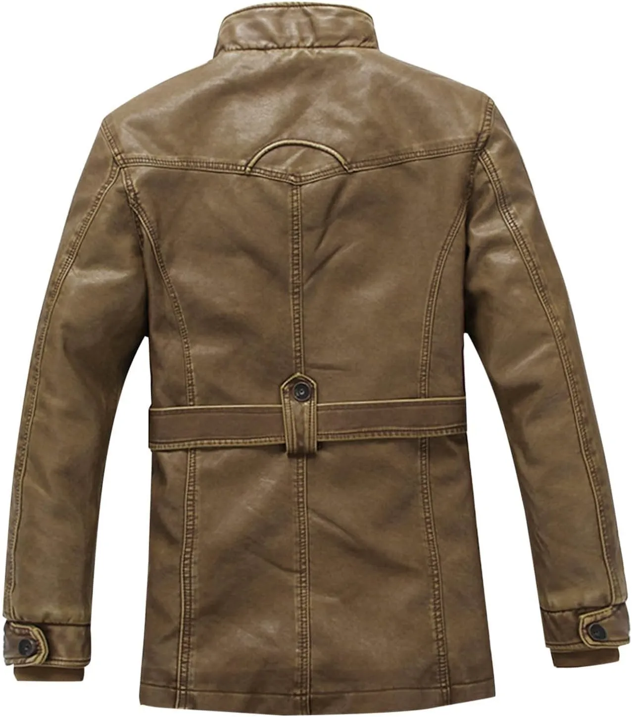 Leather Jacket with Belt Men Stand Collar Moto Jacket Slim Fit Biker Jacket Vintage Faux Leather Winter Jacket