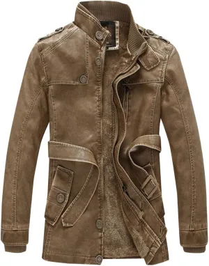 Leather Jacket with Belt Men Stand Collar Moto Jacket Slim Fit Biker Jacket Vintage Faux Leather Winter Jacket