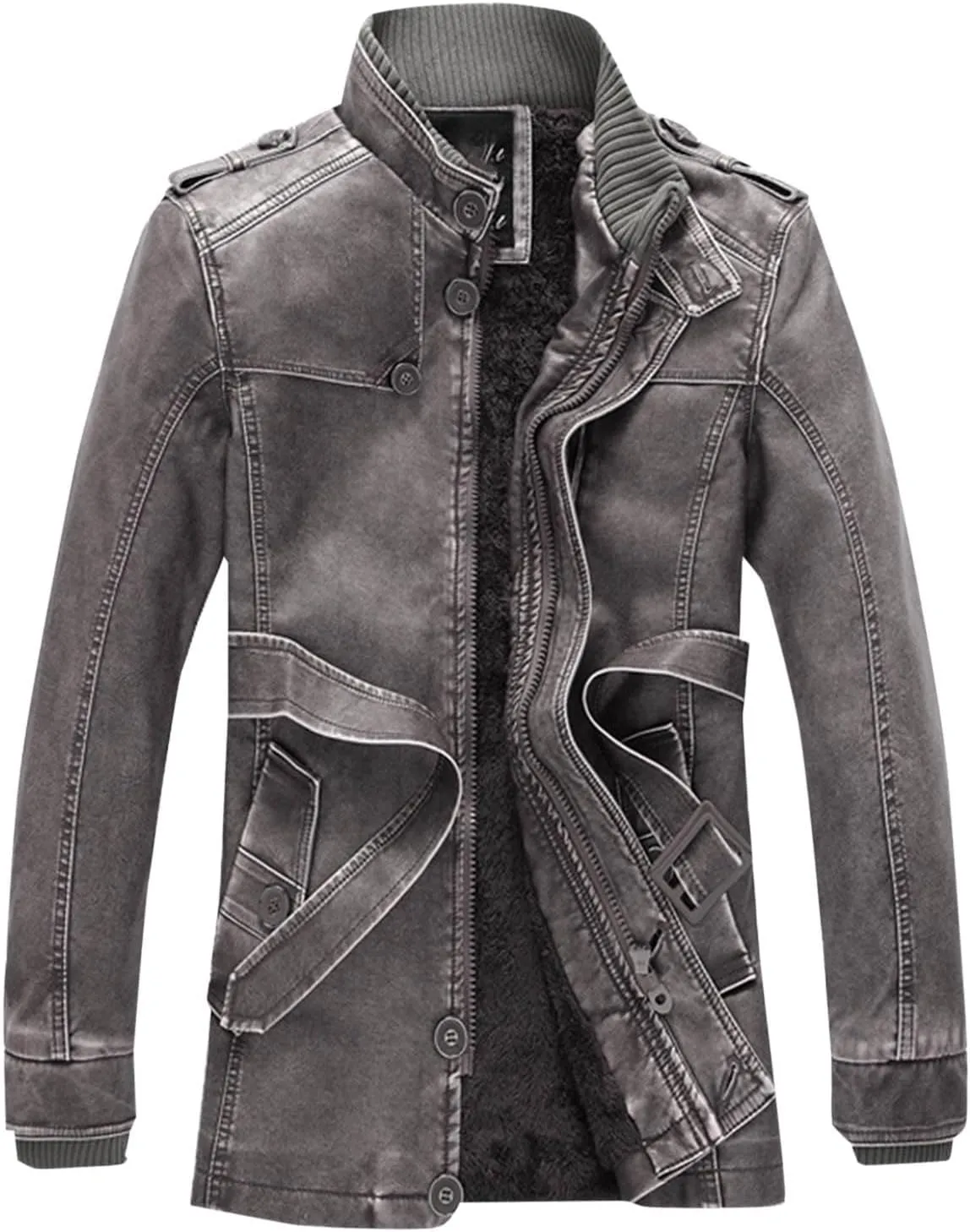 Leather Jacket with Belt Men Stand Collar Moto Jacket Slim Fit Biker Jacket Vintage Faux Leather Winter Jacket