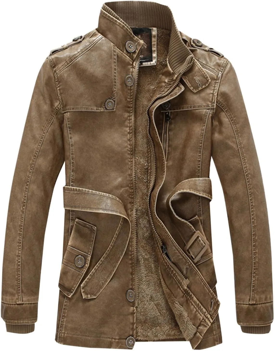 Leather Jacket with Belt Men Stand Collar Moto Jacket Slim Fit Biker Jacket Vintage Faux Leather Winter Jacket