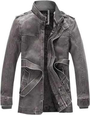 Leather Jacket with Belt Men Stand Collar Moto Jacket Slim Fit Biker Jacket Vintage Faux Leather Winter Jacket