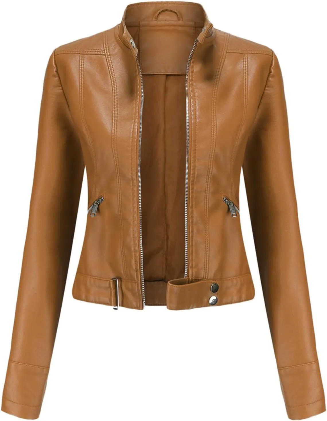 Leather Jackets for Women Zip Up Moto Biker Jackets Faux Leather Comfy Long Sleeve Stand Collar Coat with Zip Pockets