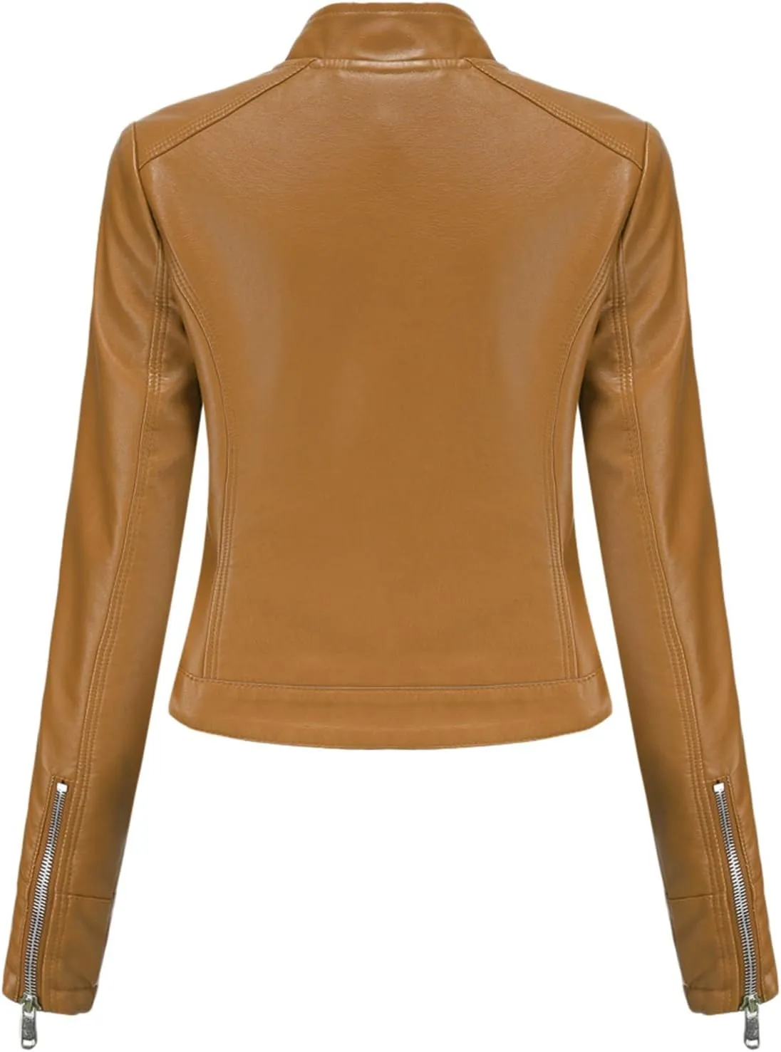 Leather Jackets for Women Zip Up Moto Biker Jackets Faux Leather Comfy Long Sleeve Stand Collar Coat with Zip Pockets