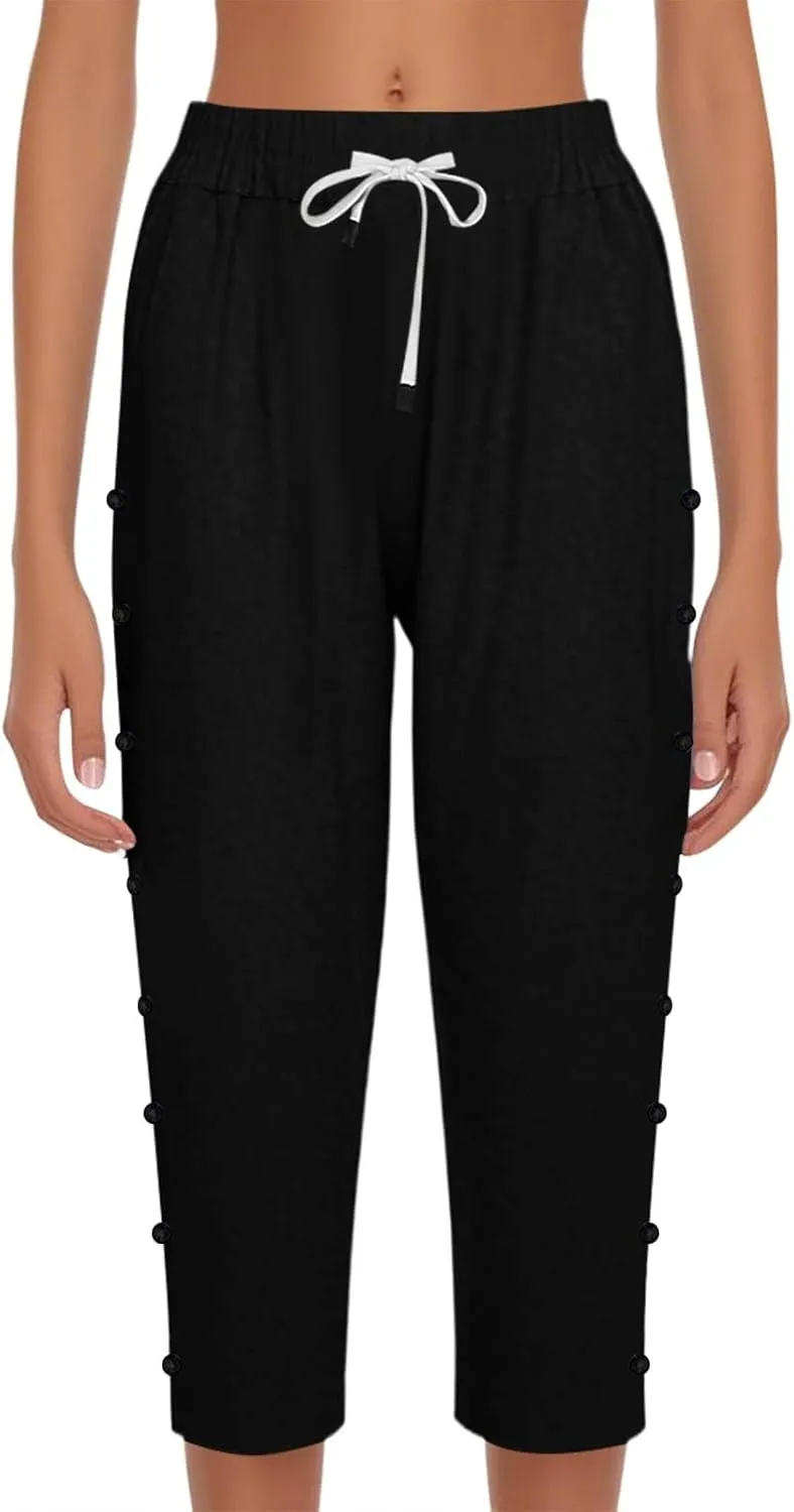 Linen Capri Pants for Women Casual Summer Capris Drawstring High Waist Pants Wide Leg Cropped Trousers