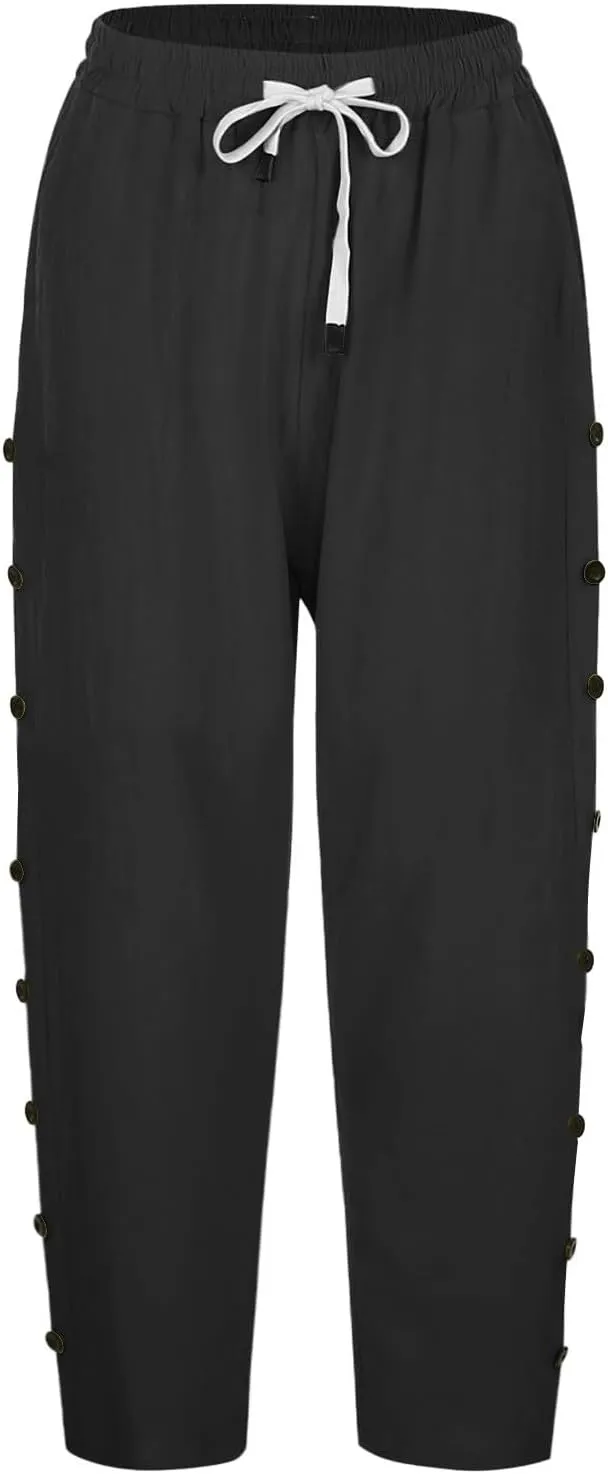 Linen Capri Pants for Women Casual Summer Capris Drawstring High Waist Pants Wide Leg Cropped Trousers