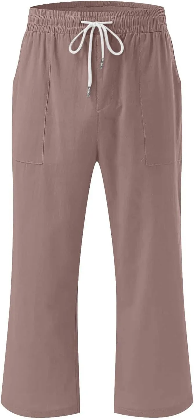 Linen Capri Pants for Women Casual Summer Capris Drawstring High Waist Pants Wide Leg Cropped Trousers