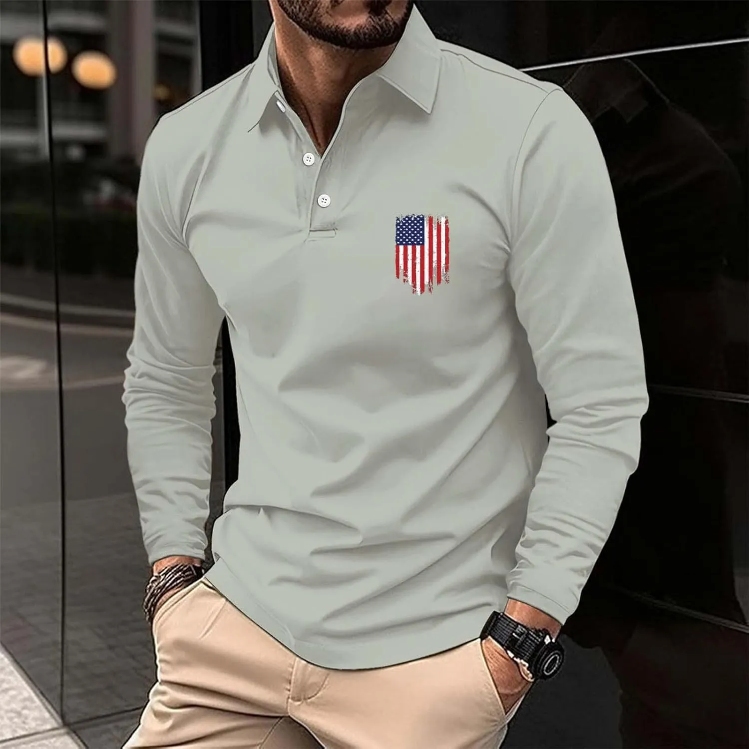 Long Sleeve Polo Shirts for Men Fashion America Flag Graphic Golf T Shirts Oversized Classic Work Office Pullover Top