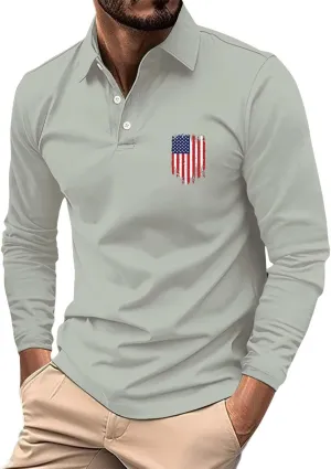 Long Sleeve Polo Shirts for Men Fashion America Flag Graphic Golf T Shirts Oversized Classic Work Office Pullover Top