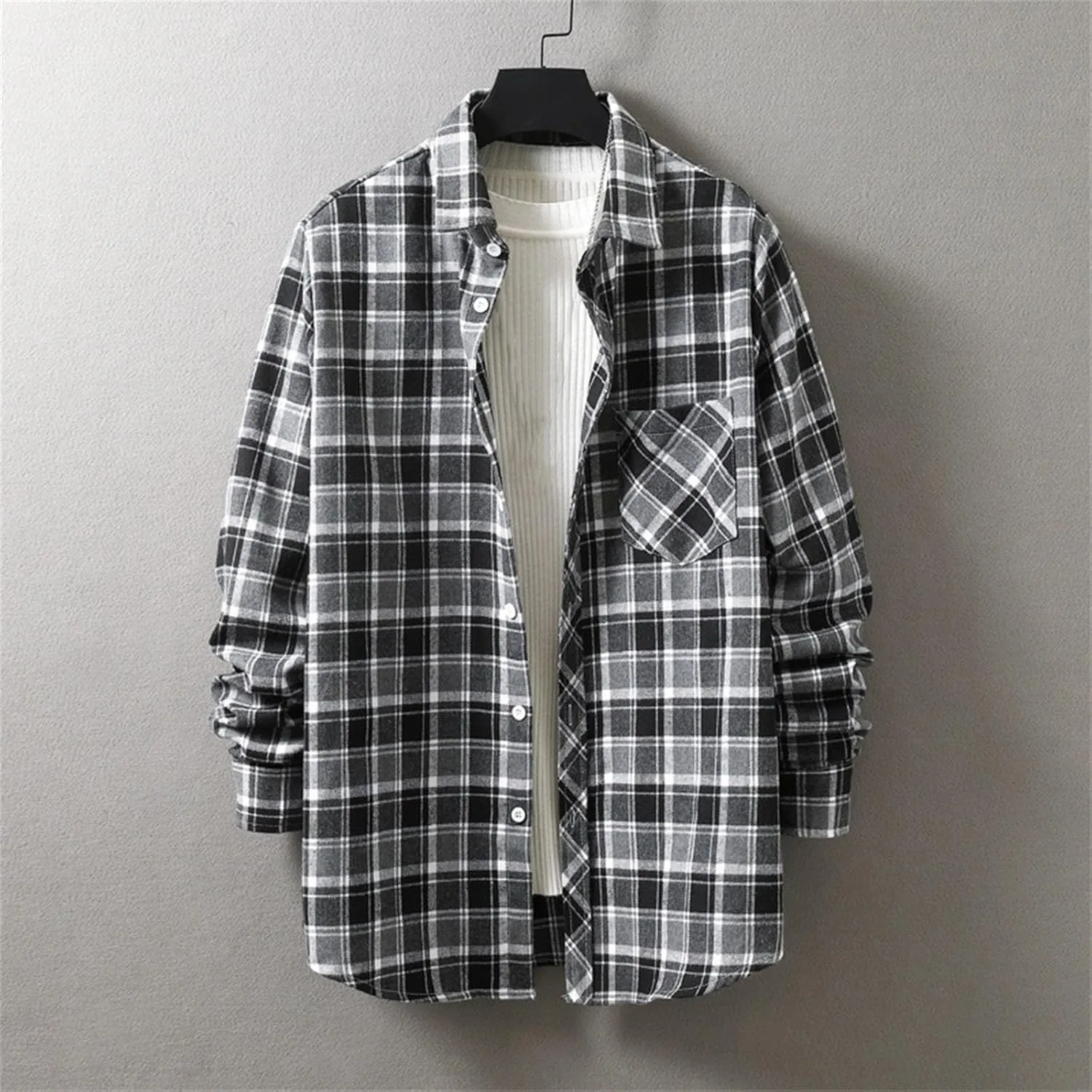 Men's Cotton Flannel Shirt Jacket Long Sleeve Button Down Plaid Shirt Color Block Lightweight Outdoor Camp Shirts