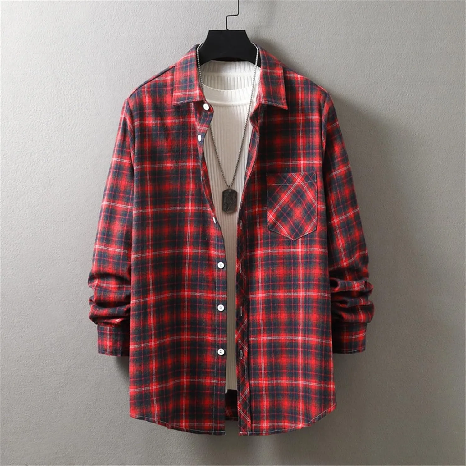 Men's Cotton Flannel Shirt Jacket Long Sleeve Button Down Plaid Shirt Color Block Lightweight Outdoor Camp Shirts