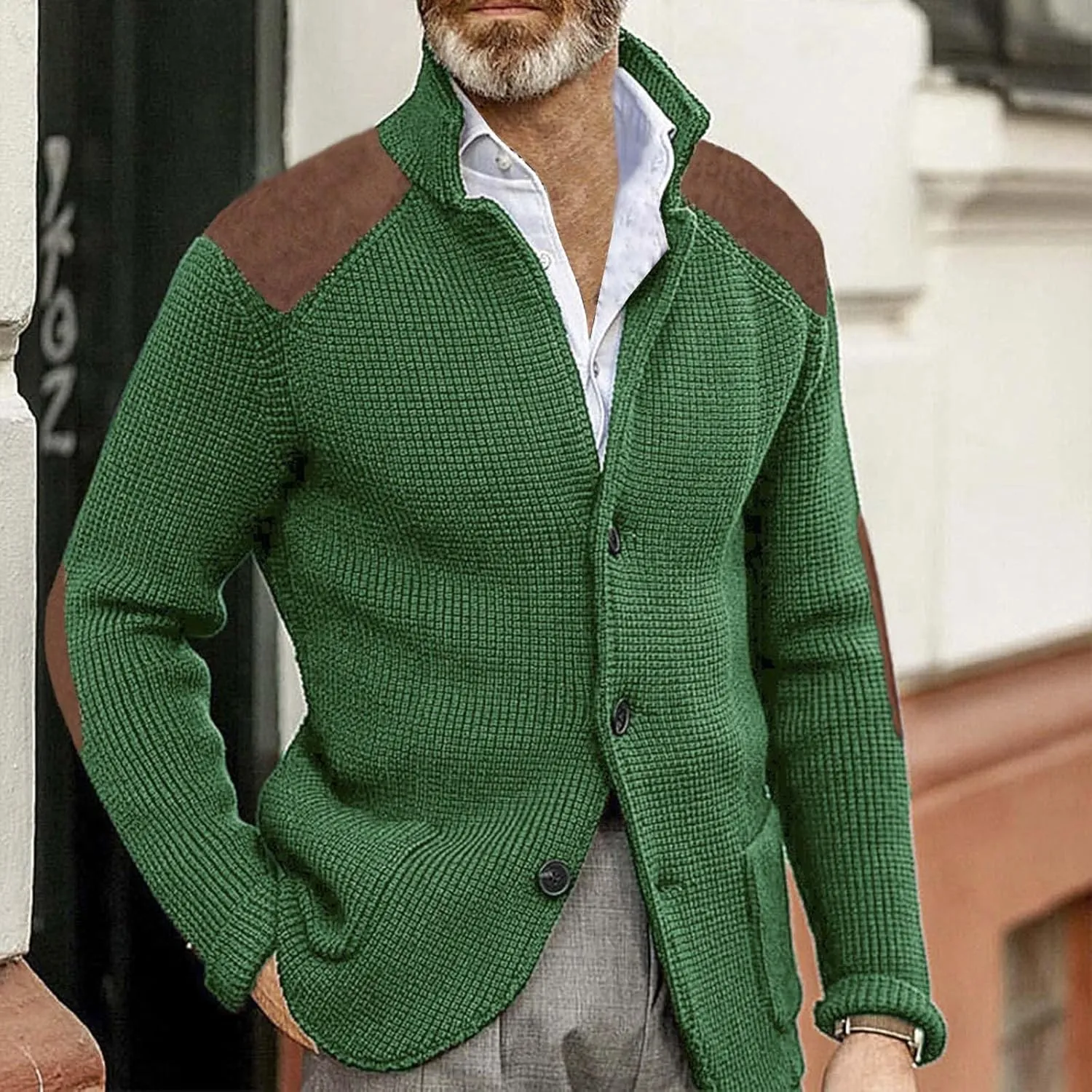 Mens Knitted Cardigan Sweater Stand Collar Chunky Coats Vintage Button Down Thermal Suit Jacket Outwear with Pockets