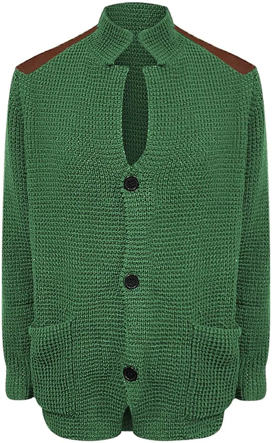 Mens Knitted Cardigan Sweater Stand Collar Chunky Coats Vintage Button Down Thermal Suit Jacket Outwear with Pockets