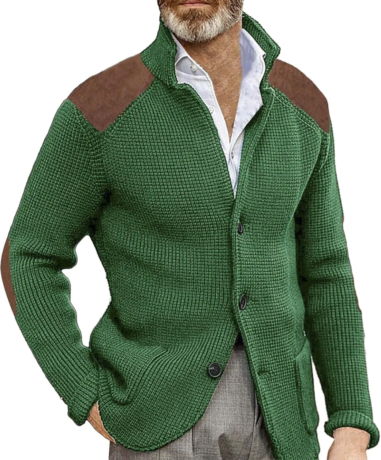 Mens Knitted Cardigan Sweater Stand Collar Chunky Coats Vintage Button Down Thermal Suit Jacket Outwear with Pockets