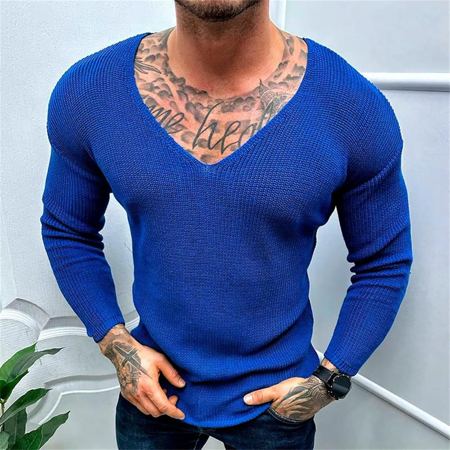 Men's Oversized V Neck Sweater Long Sleeve Solid Color Knit Pullover Fall Winter Fashion Basic Jumper Tops