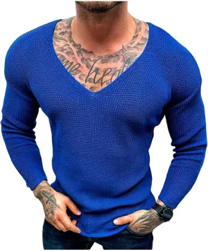Men's Oversized V Neck Sweater Long Sleeve Solid Color Knit Pullover Fall Winter Fashion Basic Jumper Tops