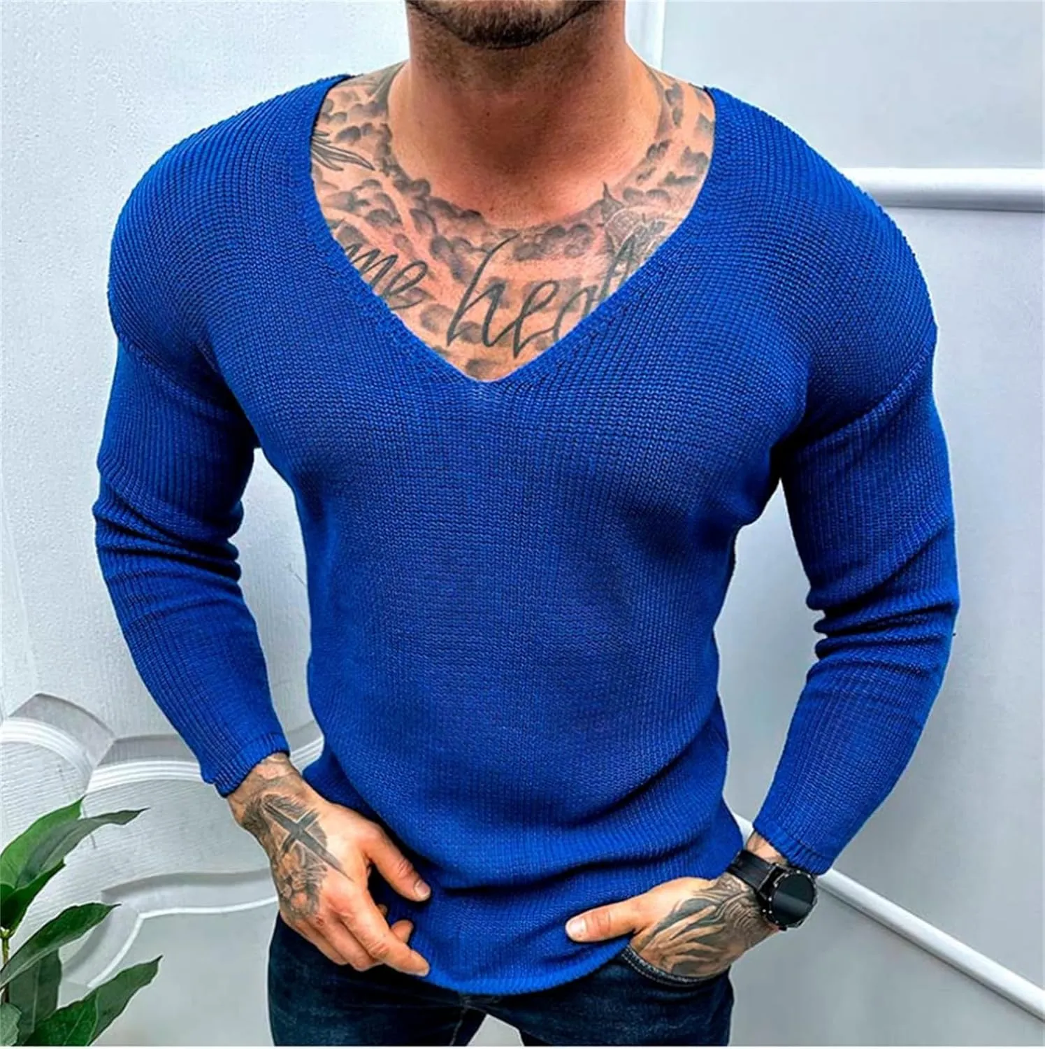Men's Oversized V Neck Sweater Long Sleeve Solid Color Knit Pullover Fall Winter Fashion Basic Jumper Tops