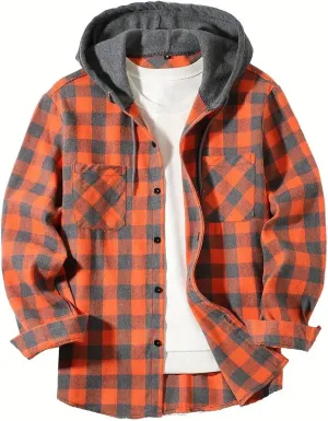 Men's Plaid Hooded Shirts Casual Long Sleeve Lightweight Shirt Button Down Flannel Plaid Jckets with Pocket