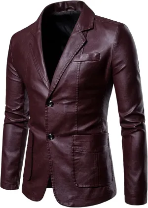 Mens PU Leather Blazer Lapel Collar 2 Buttons Moto Faux Lambskin Sport Coat Jacket Business Casual Dress Suit Coat
