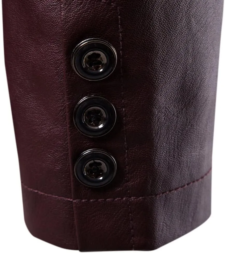 Mens PU Leather Blazer Lapel Collar 2 Buttons Moto Faux Lambskin Sport Coat Jacket Business Casual Dress Suit Coat