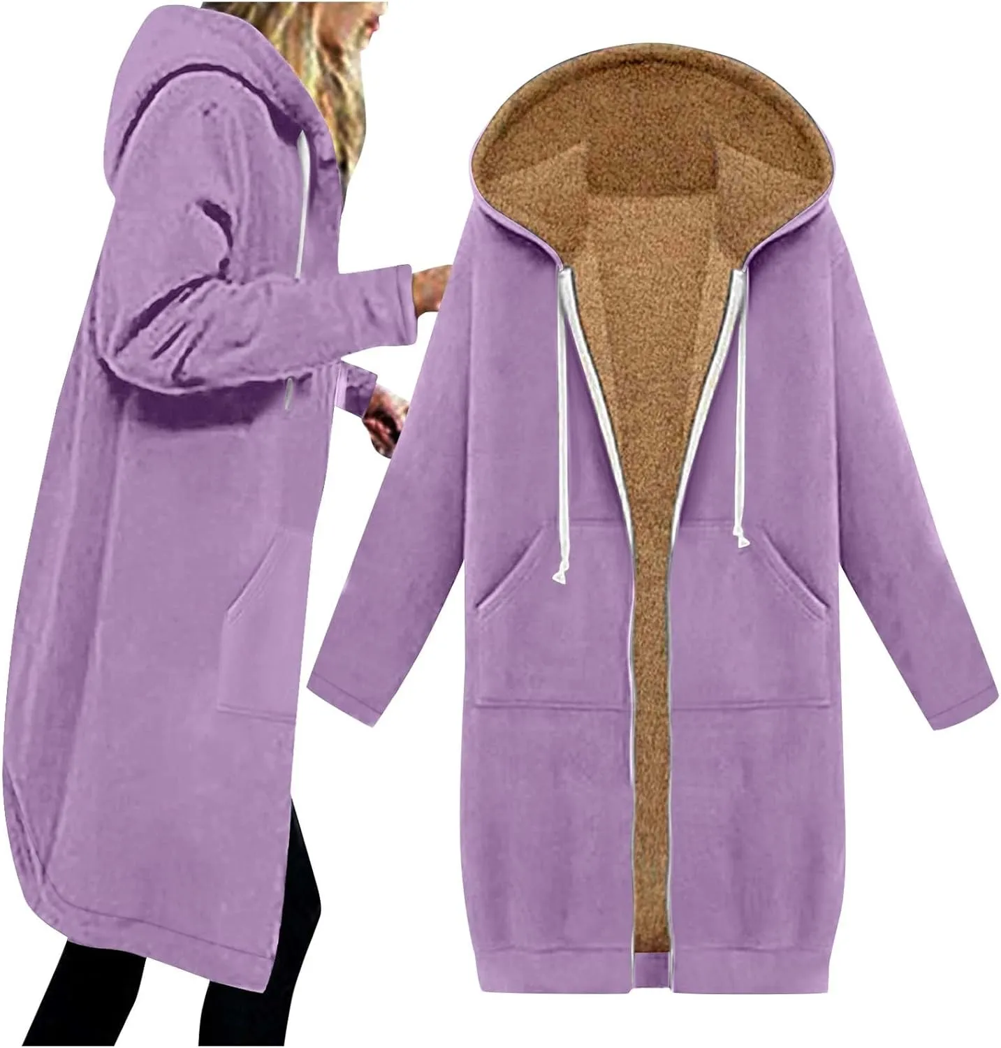 Miyaomn Women's Zip Up Oversized Long Hoodies Sherpa Lined Long Sleeve Hooded Sweatshirts Winter Fleece Jackets with Pockets