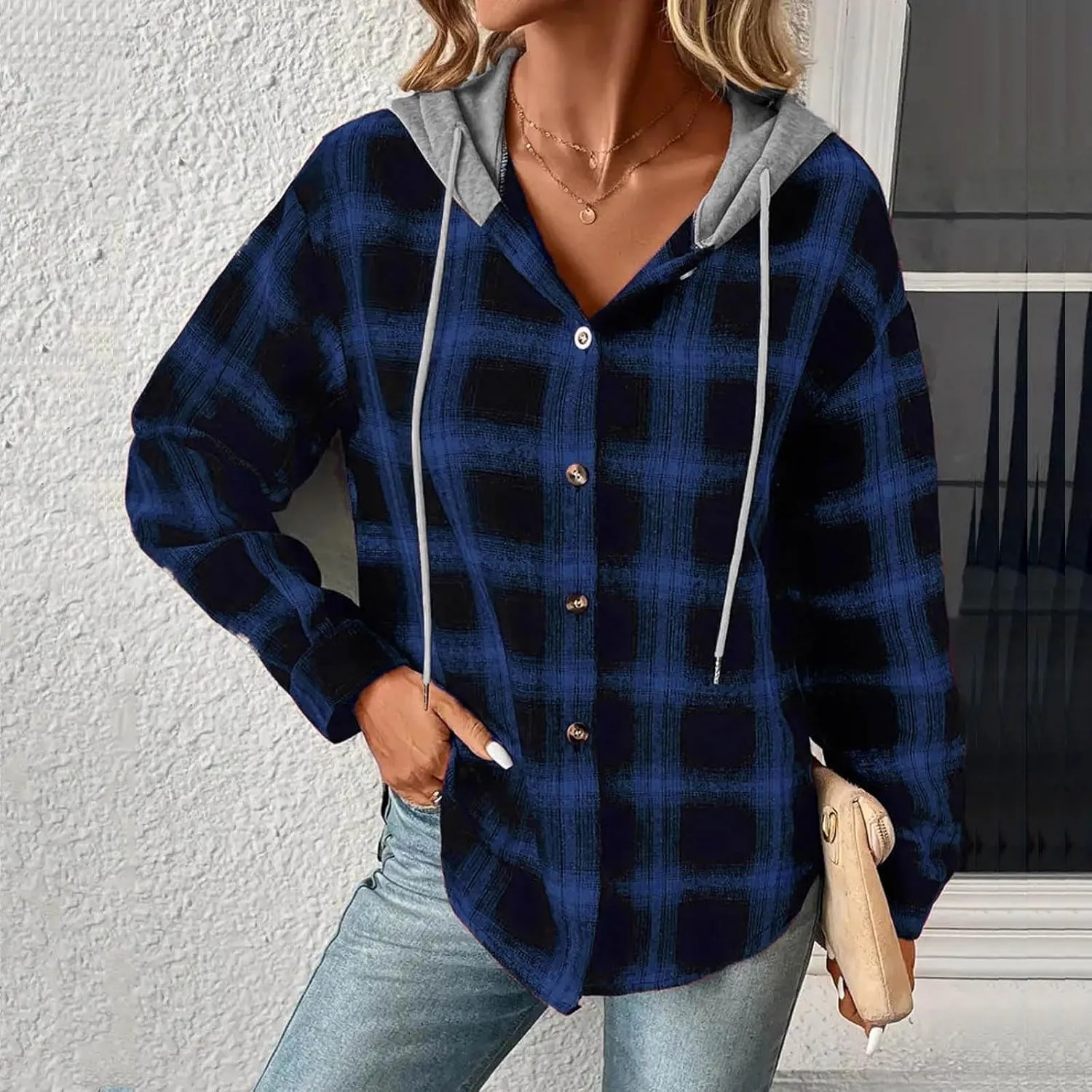 Ruziyoog Hooded Flannel Shirt for Women Long Sleeve Button Down Plaid Jacket Shacket Drawstring Fashion Boyfriend Top Pocket