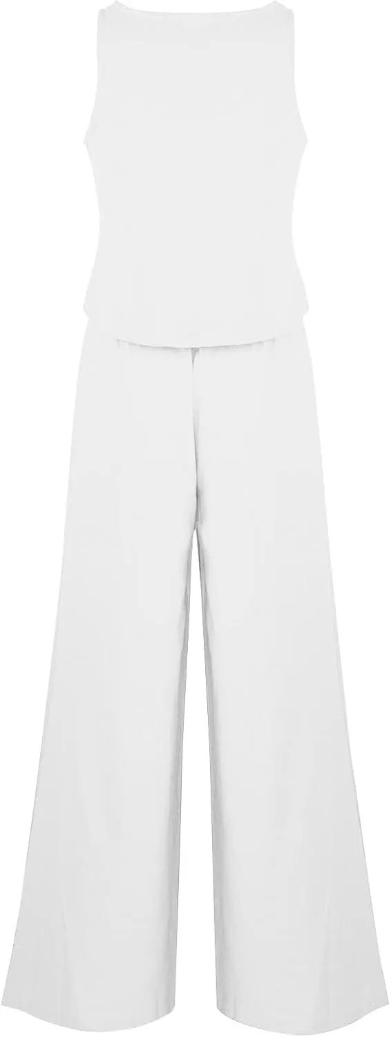 Summer Cotton Linen 2 Piece Outfits for Women Casual Long Sleeve Tshirts Top and Long Pants Business Work Suits