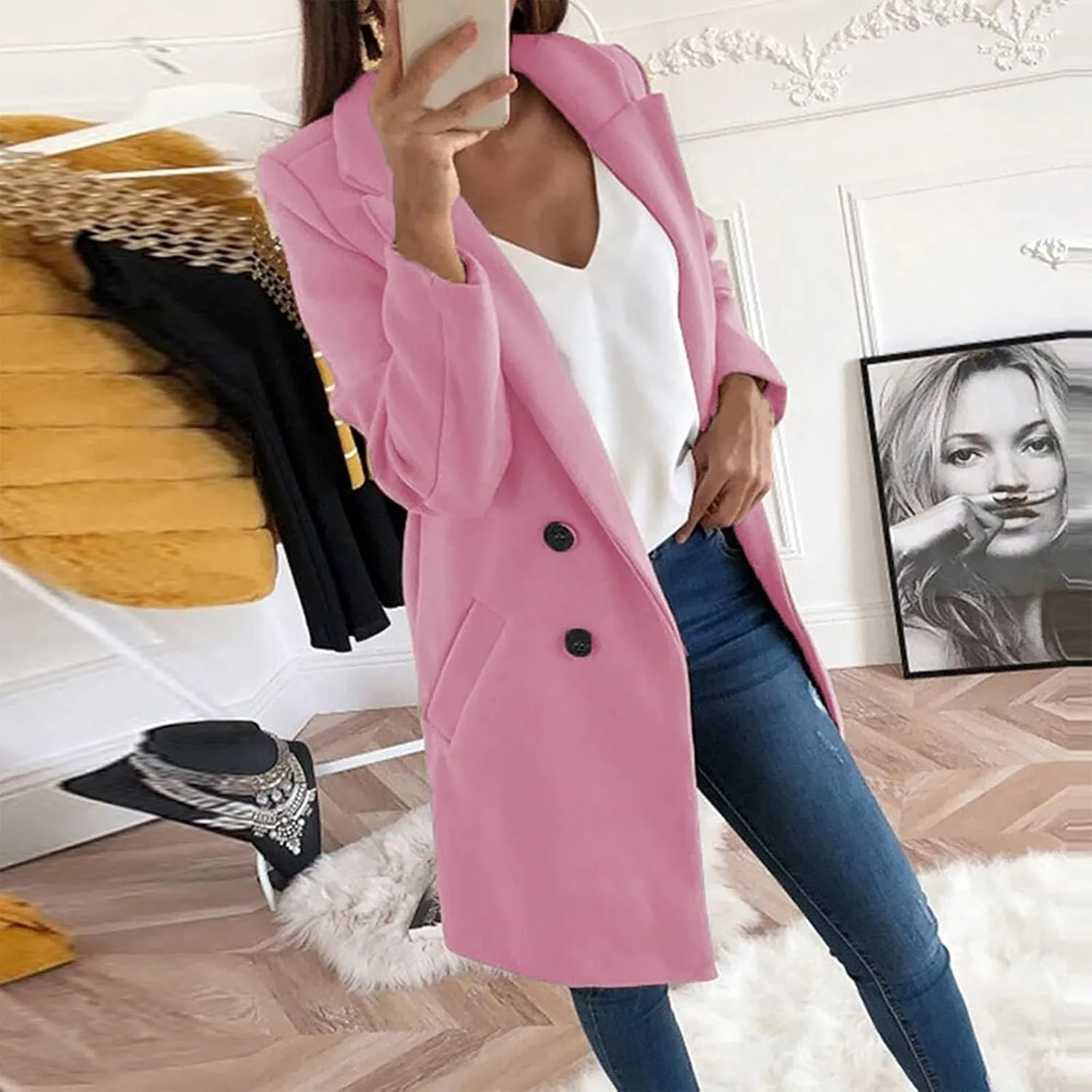 Trench Coat for Women 2024 Fall Winter Trendy Button Long Outwear Solid Color Long Sleeve Cute Jacket with Pockets