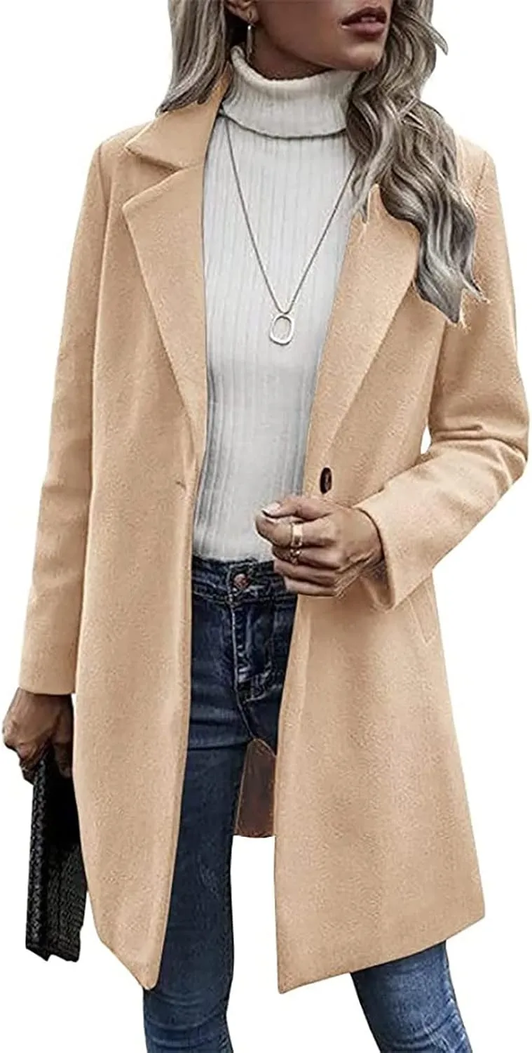 Winter Trench Coat for Women Singe Breasted Notched Lapel Collar Wool Coats Mid Long Oversized Over Coats Jackets