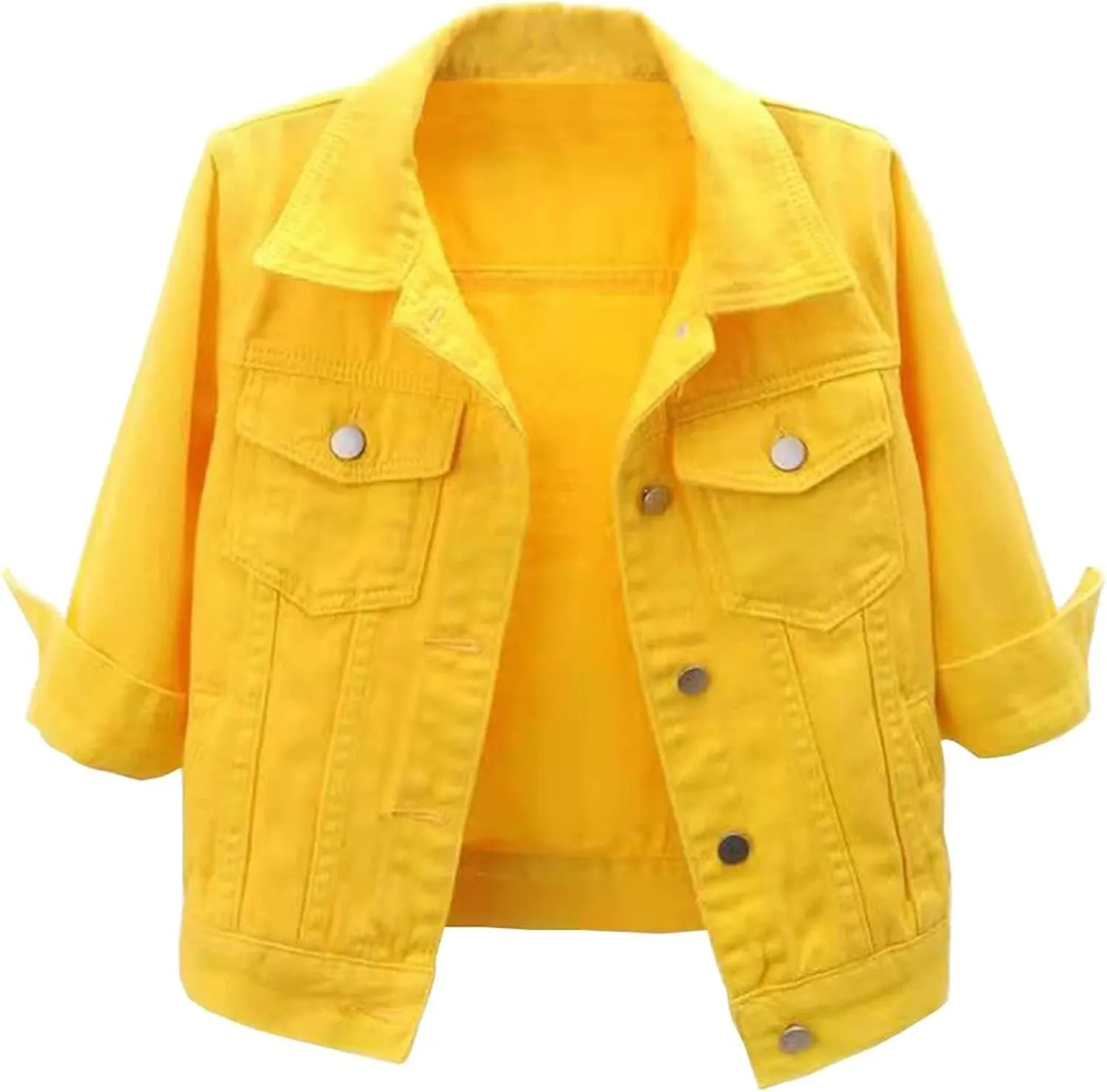 Womens 3/4 Sleeve Short Denim Jacket Cropped Lapel Button Down Trucker Jacket Casual Cute Jean Jackets Fall Coat