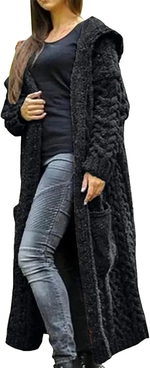 Womens Casual Long Sleeve Open Front Knit Long Cardigans with Pockets Sweaters Button Down Coats Outerwear Black