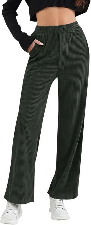 Womens Corduroy Pants Comfy High Waitsted Straight Leg Work Pants Trousers Business Casual Pants with Pockets